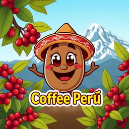 A cute, cartoonish mascot for a coffee company named 'Coffee Perú'