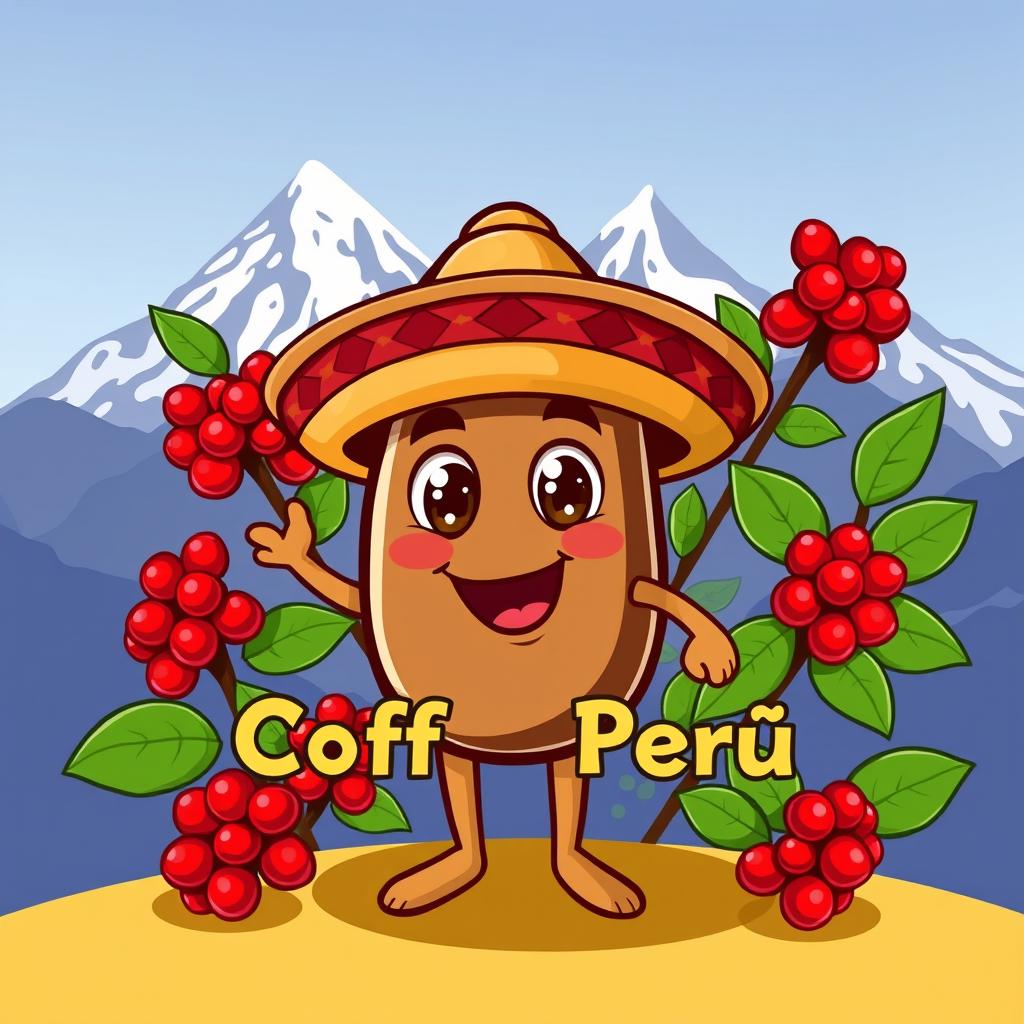 A cute, cartoonish mascot for a coffee company named 'Coffee Perú'