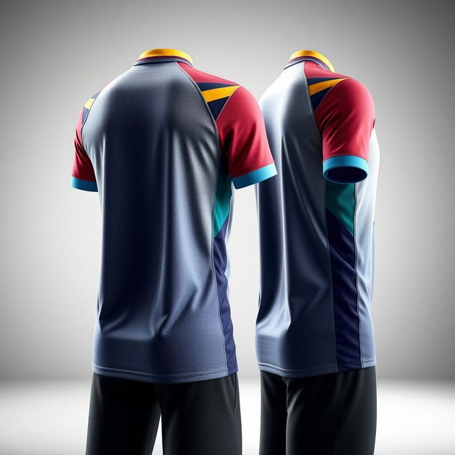 A detailed design of a sports jersey shown from the back and side angles