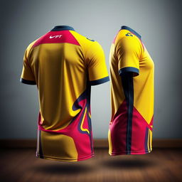 A detailed design of a sports jersey shown from the back and side angles