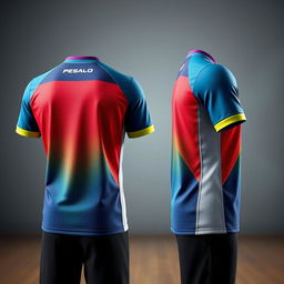 A detailed design of a sports jersey shown from the back and side angles