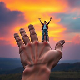 A surreal and imaginative scene showcasing a giant, oversized hand in a striking position, with a small man standing confidently on the palm