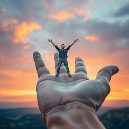A surreal and imaginative scene showcasing a giant, oversized hand in a striking position, with a small man standing confidently on the palm