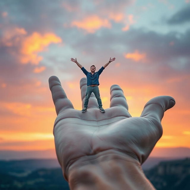 A surreal and imaginative scene showcasing a giant, oversized hand in a striking position, with a small man standing confidently on the palm
