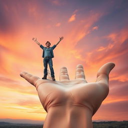A surreal and imaginative scene showcasing a giant, oversized hand in a striking position, with a small man standing confidently on the palm