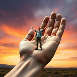 A surreal and imaginative scene showcasing a giant, oversized hand in a striking position, with a small man standing confidently on the palm