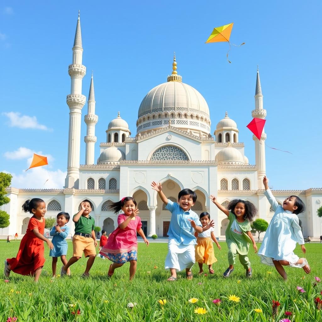 A peaceful scene depicting children joyfully playing in front of a beautiful masjid (mosque)