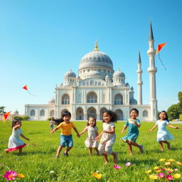 A peaceful scene depicting children joyfully playing in front of a beautiful masjid (mosque)