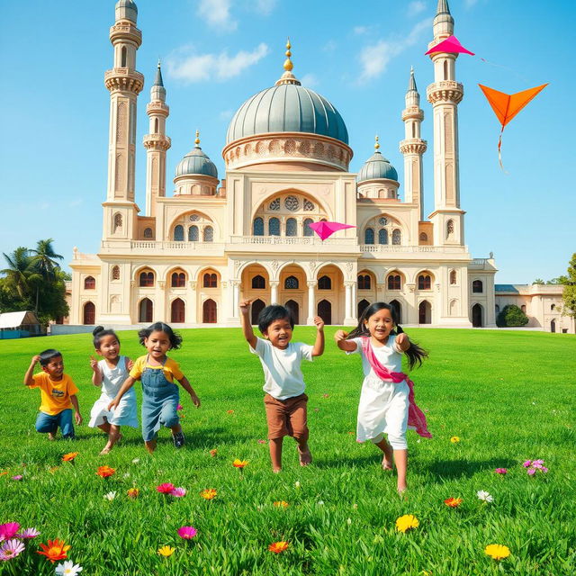 A peaceful scene depicting children joyfully playing in front of a beautiful masjid (mosque)