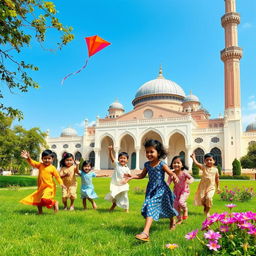 A peaceful scene depicting children joyfully playing in front of a beautiful masjid (mosque)