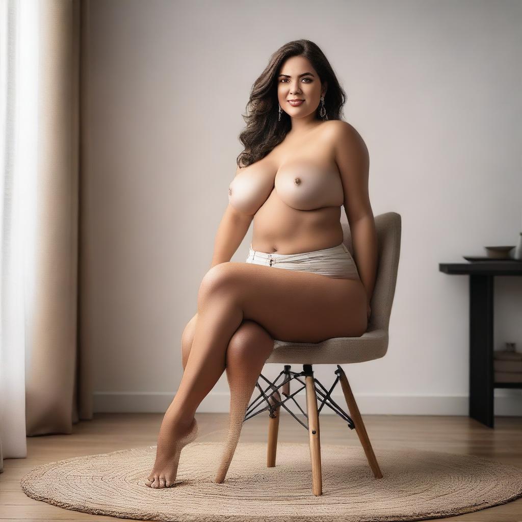 A high-resolution, realistic photograph that features a stunning woman with a voluptuous figure and a slim body