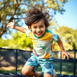 A playful and energetic boy with messy hair, wearing a colorful t-shirt and shorts, captured mid-action as he jumps on a trampoline