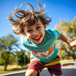 A playful and energetic boy with messy hair, wearing a colorful t-shirt and shorts, captured mid-action as he jumps on a trampoline