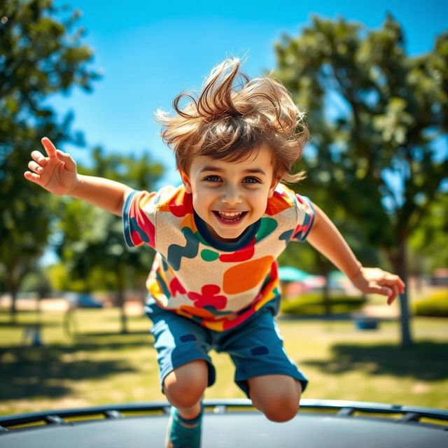 A playful and energetic boy with messy hair, wearing a colorful t-shirt and shorts, captured mid-action as he jumps on a trampoline