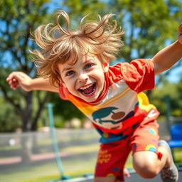 A playful and energetic boy with messy hair, wearing a colorful t-shirt and shorts, captured mid-action as he jumps on a trampoline