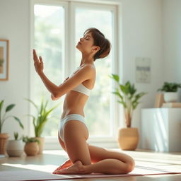 A skinny girl with short hair, performing yoga in her underwear, embodying a sense of relaxation and tranquility