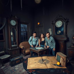 An immersive escape game scene set in a mysterious abandoned mansion
