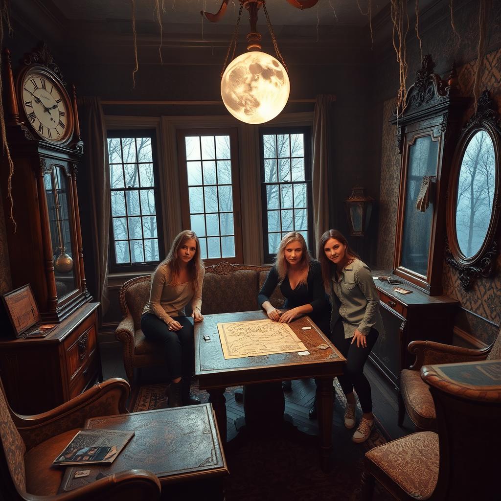 An immersive escape game scene set in a mysterious abandoned mansion
