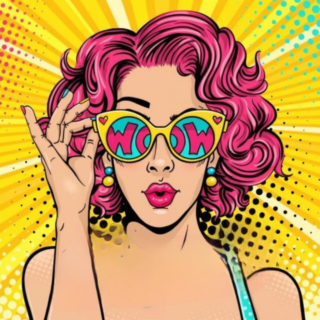 A vibrant cartoon character of a young woman with striking pink curly hair and oversized heart-shaped sunglasses displaying the word "WOW"