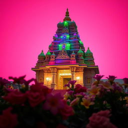 A stunning Hindu temple set against a vibrant pink background, adorned with colorful lights that illuminate the temple’s intricate architecture