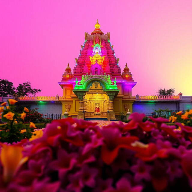 A stunning Hindu temple set against a vibrant pink background, adorned with colorful lights that illuminate the temple’s intricate architecture