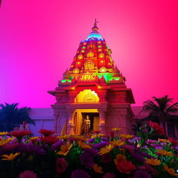 A stunning Hindu temple set against a vibrant pink background, adorned with colorful lights that illuminate the temple’s intricate architecture