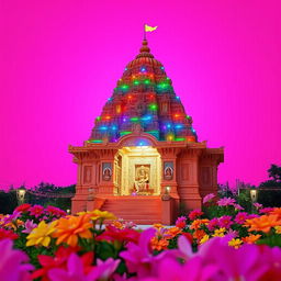 A stunning Hindu temple set against a vibrant pink background, adorned with colorful lights that illuminate the temple’s intricate architecture