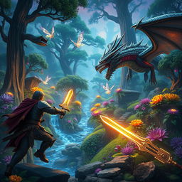 An immersive and captivating digital game world, where players navigate through a sprawling, mystical forest teeming with vibrant flora and fauna