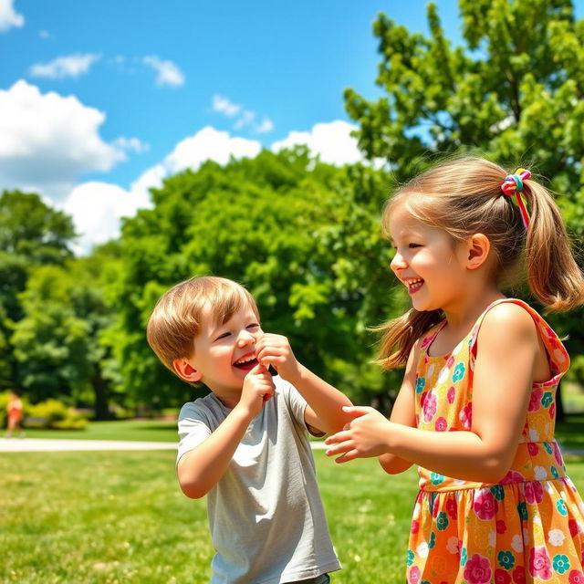 A playful scene in a sunny park where a young boy is joyfully pulling the pigtails of a girl who is laughing and looking back at him cheerfully