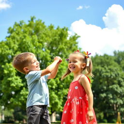 A playful scene in a sunny park where a young boy is joyfully pulling the pigtails of a girl who is laughing and looking back at him cheerfully