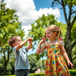 A playful scene in a sunny park where a young boy is joyfully pulling the pigtails of a girl who is laughing and looking back at him cheerfully