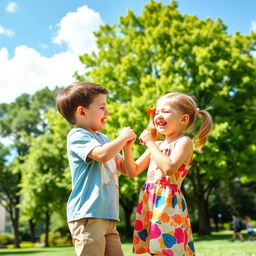 A playful scene in a sunny park where a young boy is joyfully pulling the pigtails of a girl who is laughing and looking back at him cheerfully