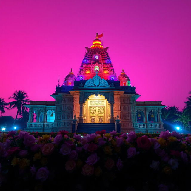 A breathtaking Hindu temple set against a vibrant pink background, beautifully lit with colorful lights that highlight its intricate carvings and architectural details