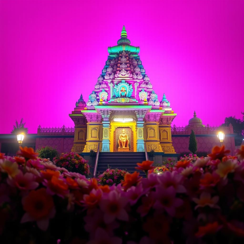 A breathtaking Hindu temple set against a vibrant pink background, beautifully lit with colorful lights that highlight its intricate carvings and architectural details