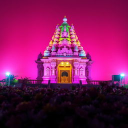 A breathtaking Hindu temple set against a vibrant pink background, beautifully lit with colorful lights that highlight its intricate carvings and architectural details