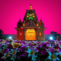A breathtaking Hindu temple set against a vibrant pink background, beautifully lit with colorful lights that highlight its intricate carvings and architectural details