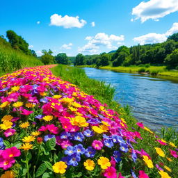A vibrant and scenic background filled with a variety of colorful, blooming river flowers in a lush natural setting