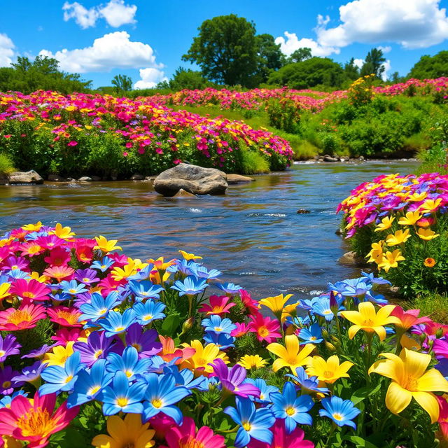 A vibrant and scenic background filled with a variety of colorful, blooming river flowers in a lush natural setting