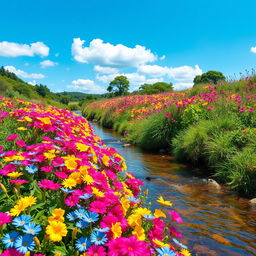 A vibrant and scenic background filled with a variety of colorful, blooming river flowers in a lush natural setting