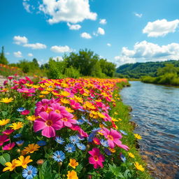 A vibrant and scenic background filled with a variety of colorful, blooming river flowers in a lush natural setting