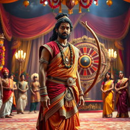 Arjuna dressed in traditional Brahmin attire stands confidently in the Swayamvar hall, exuding an air of grace and determination