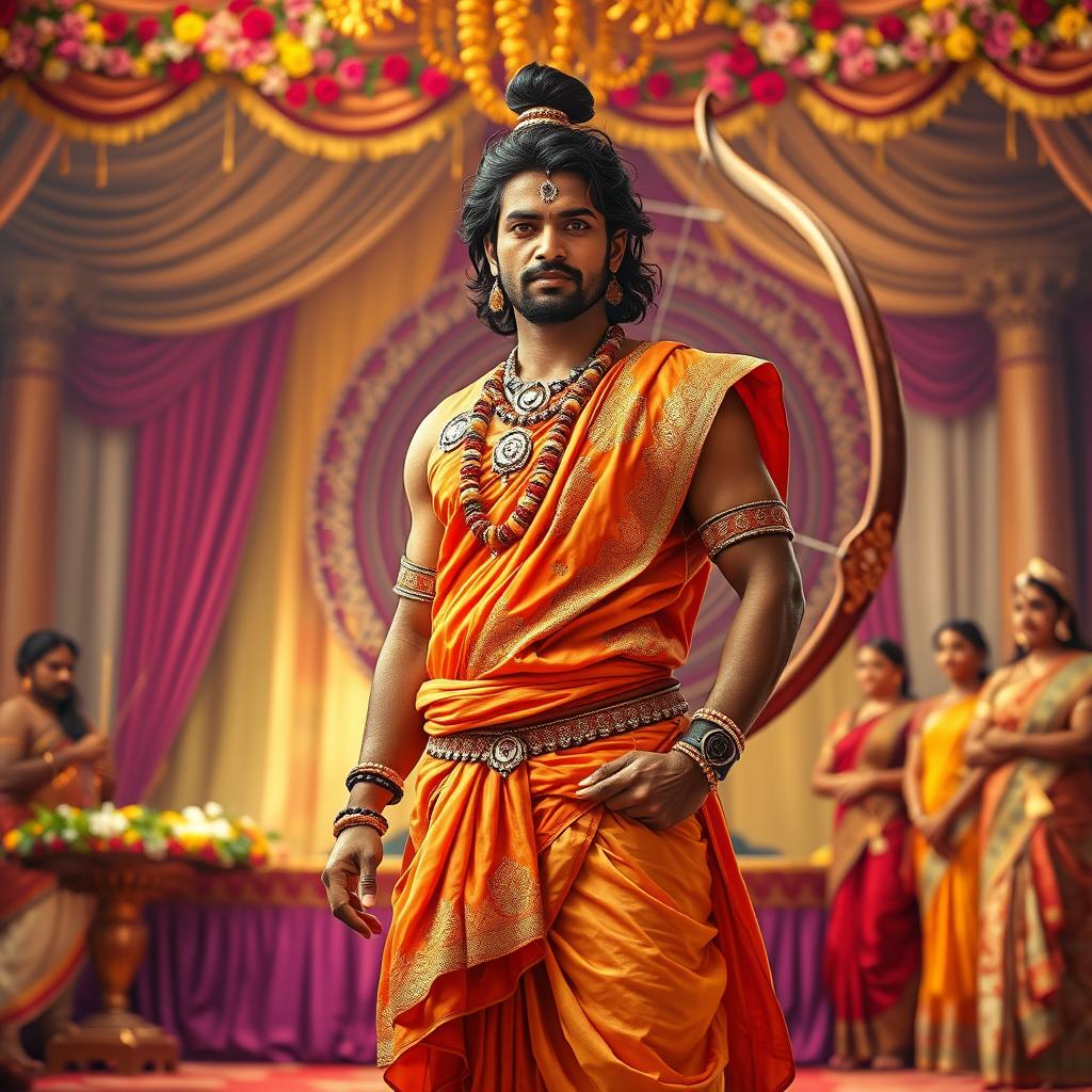 Arjuna dressed in traditional Brahmin attire stands confidently in the Swayamvar hall, exuding an air of grace and determination