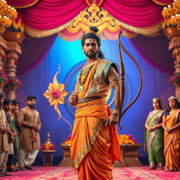 Arjuna dressed in traditional Brahmin attire stands confidently in the Swayamvar hall, exuding an air of grace and determination