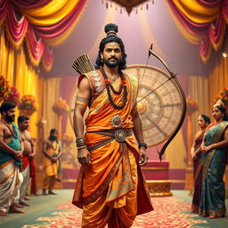Arjuna dressed in traditional Brahmin attire stands confidently in the Swayamvar hall, exuding an air of grace and determination