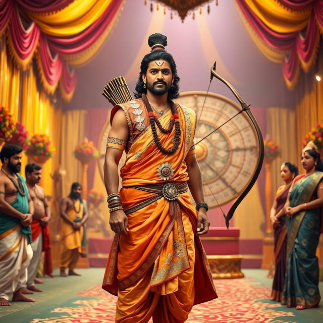 Arjuna dressed in traditional Brahmin attire stands confidently in the Swayamvar hall, exuding an air of grace and determination