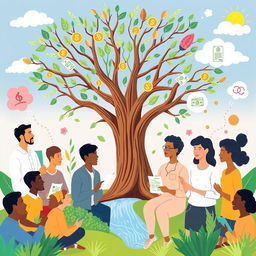 A visually engaging composition that symbolizes Financial Literacy, Better Mental Health, and Critical Thinking