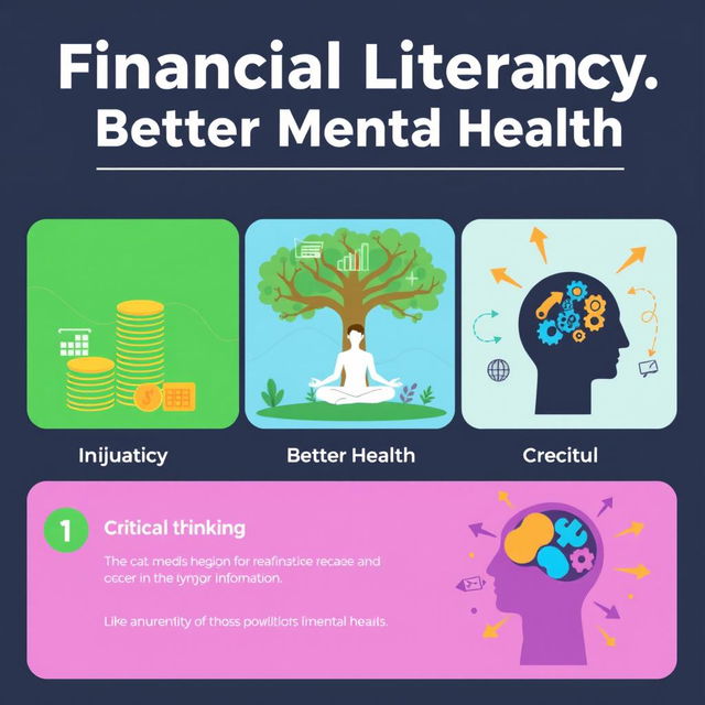 A visually appealing infographic that illustrates the importance of financial literacy, better mental health, and critical thinking