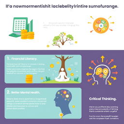 A visually appealing infographic that illustrates the importance of financial literacy, better mental health, and critical thinking