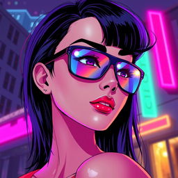 A young woman in 90s anime style with black hair, thick eyebrows, and a confident expression