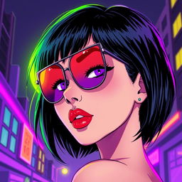 A young woman in 90s anime style with black hair, thick eyebrows, and a confident expression